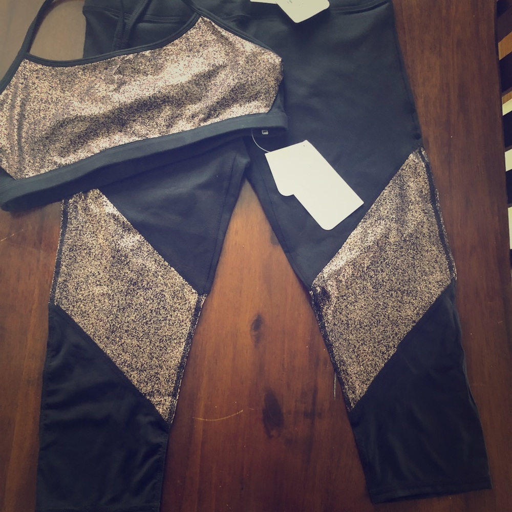 Fabletics black and rose gold Capri and bra set